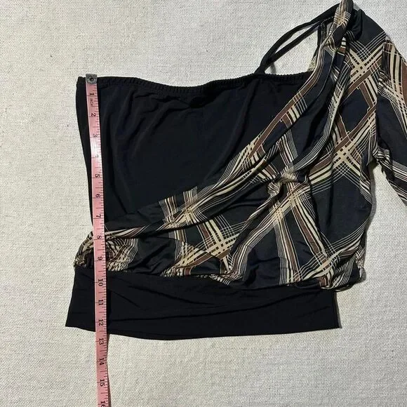 Rave Women's Small Black/Brown Abstract One Shoulder Top with Flared Sleeve - Picture 5 of 7